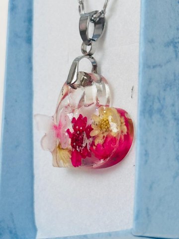 Pink Heart Pendant with Flowers