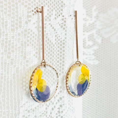 Pendientes Pensamiento Amarillo y Azul — Aro Ovalado