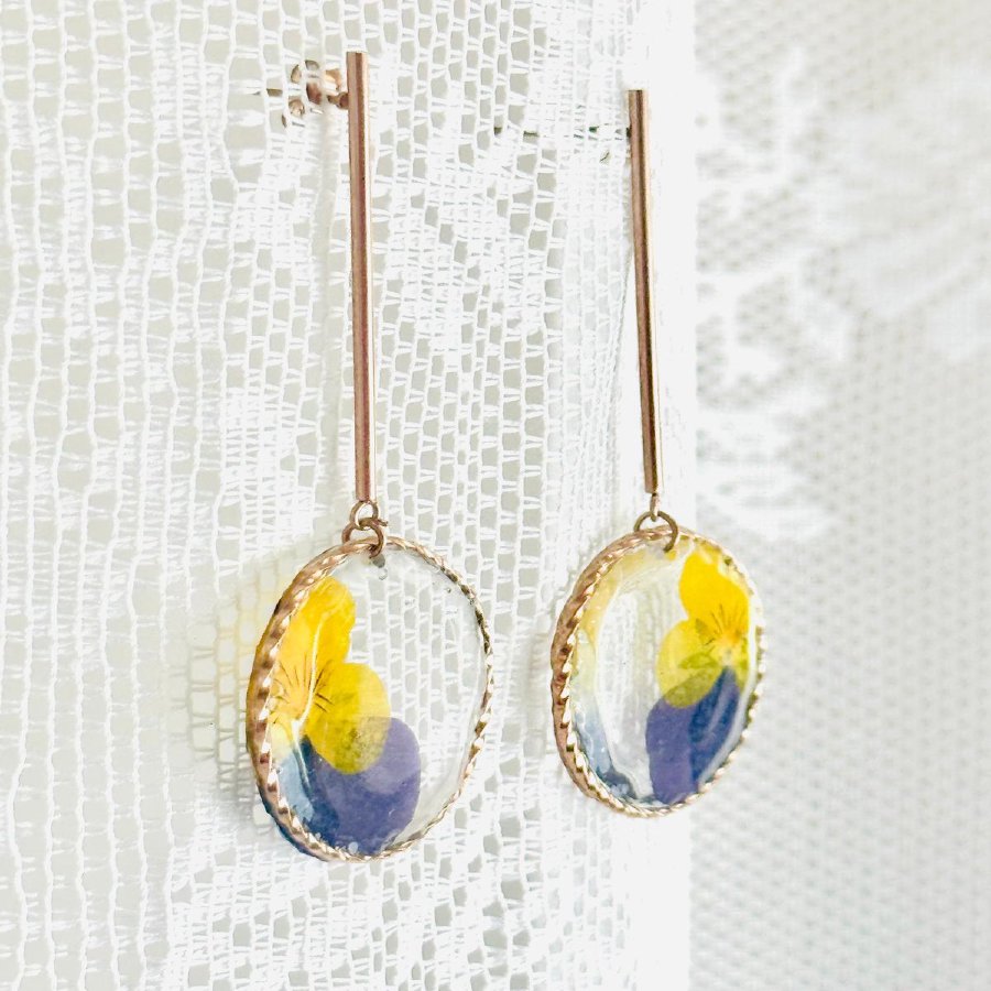 Pendientes Pensamiento Amarillo y Azul — Aro Ovalado