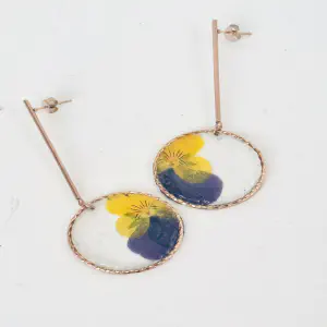 Yellow & Blue Pansy Earrings — Round Hoop