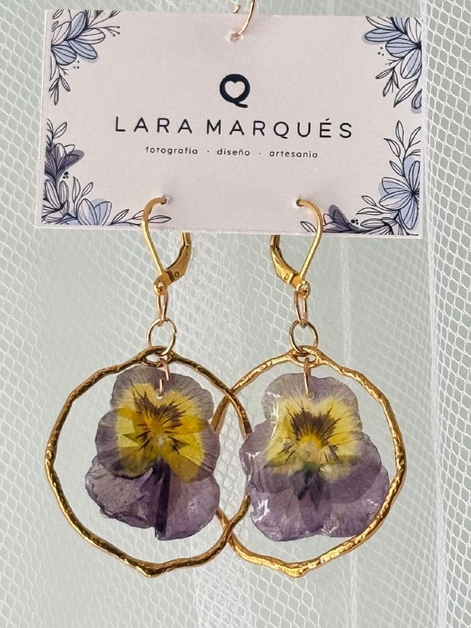 Pendientes Acero Dorado y Pensamientos Bicolor